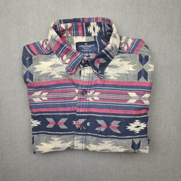 American Eagle Shirt Men Medium Blue Aztec Tribal  Flannel Button Up School Work - Picture 1 of 12